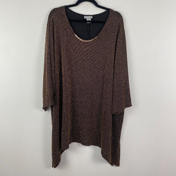 Catherines Top Black Gold Asymmetrical Hem 3/4 Sleeve Tunic Size 3X - Picture 1 of 10